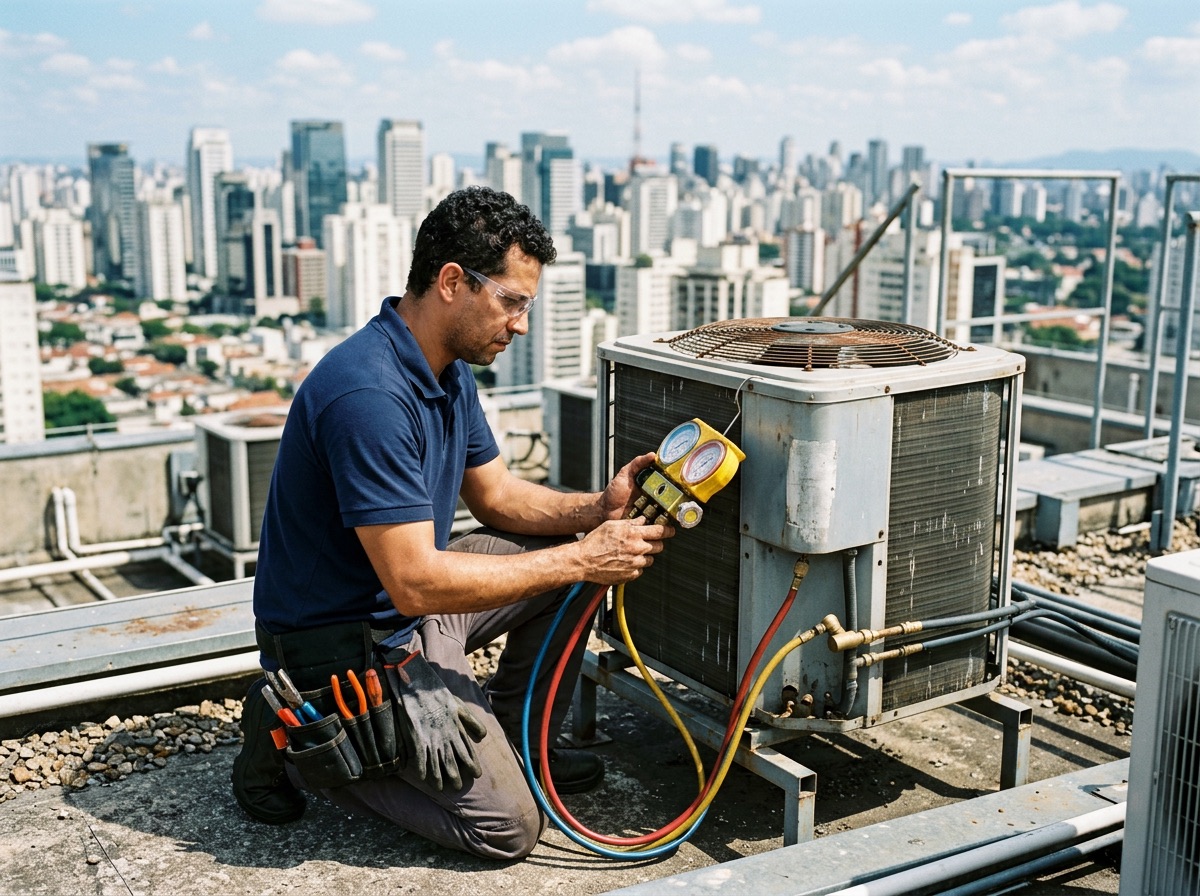 Técnico medindo a pressão do gás de uma condensadora no telhado de um prédio comercial
