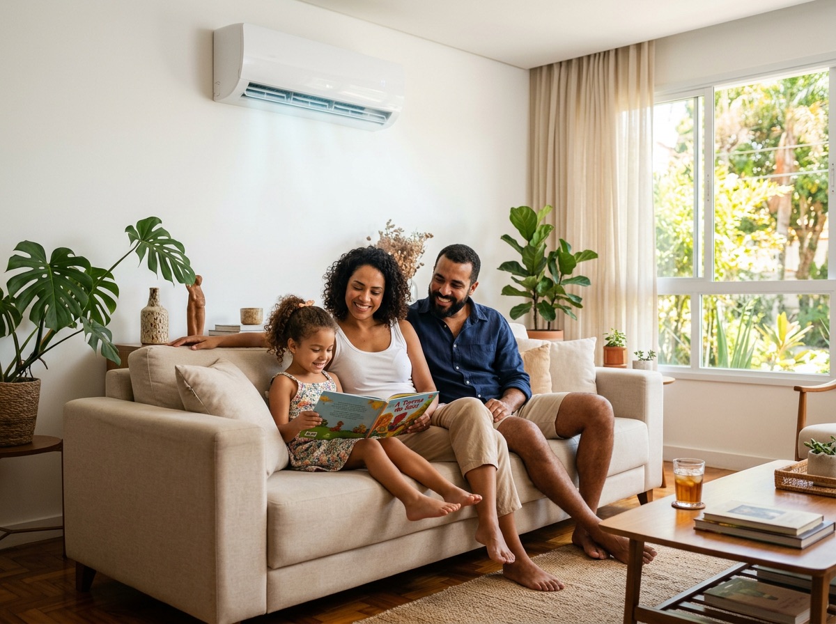 Família relaxando no sofá de uma sala climatizada